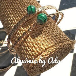 Malachite & Gold Steel Bangle Set | Green Gemstone Statement